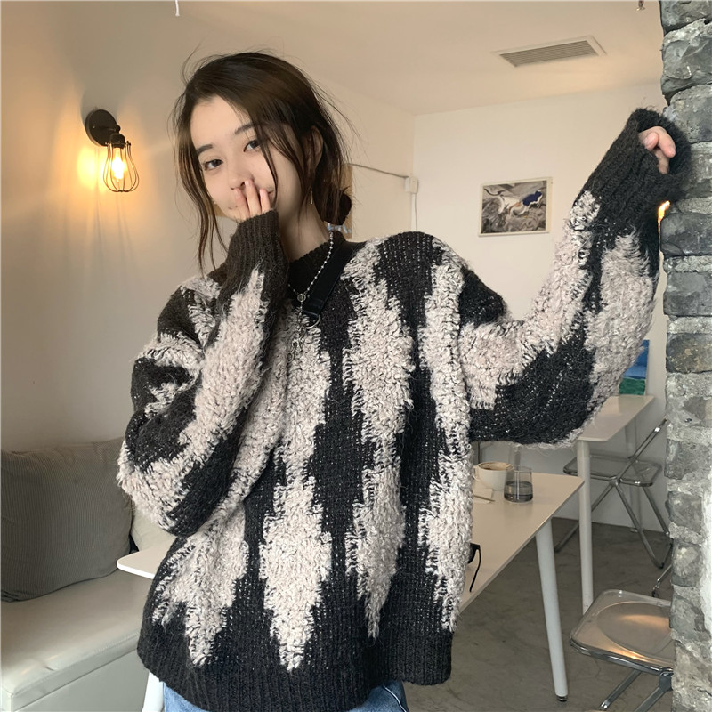 復古格紋撞色寬松套頭毛衣女新款秋冬慵懶風長袖上衣ins潮21122007