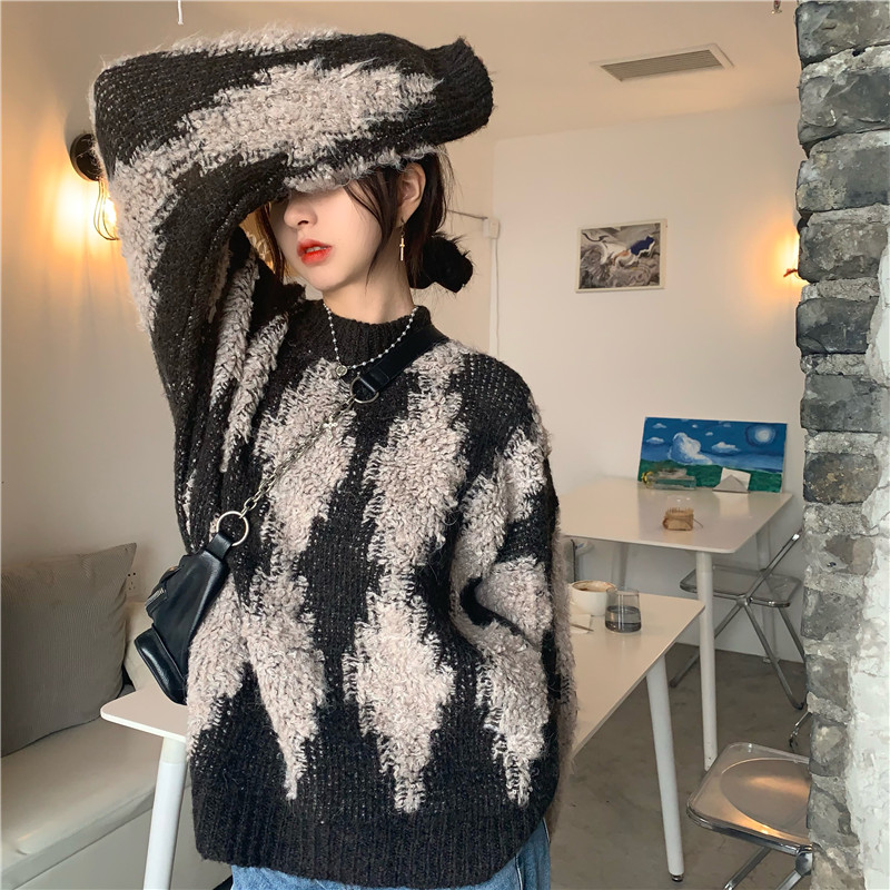 復古格紋撞色寬松套頭毛衣女新款秋冬慵懶風長袖上衣ins潮21122007
