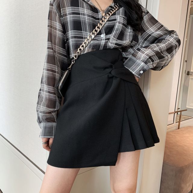 秋裝新款純色簡約設計感百褶不規則打結高腰半身裙女顯瘦A字短裙21122306