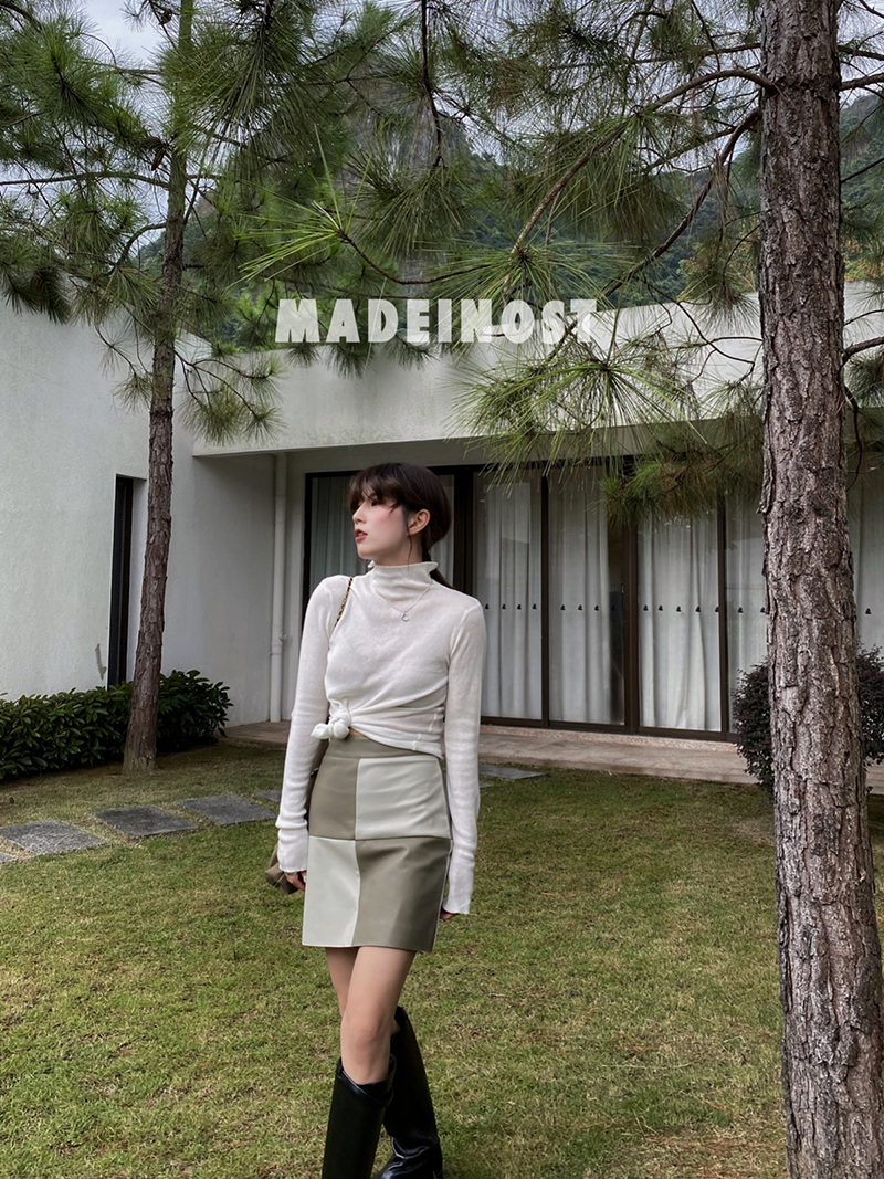 MADEINOST高腰時尚辣妹棋盤格短裙女秋款A字拼接PU皮半身裙21122303