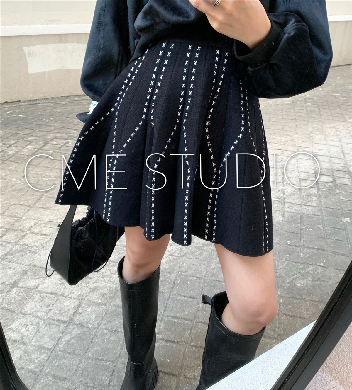 韓國CME原創女裝學院風提花針織半身裙女顯瘦高腰a字傘裙百褶短裙21122307