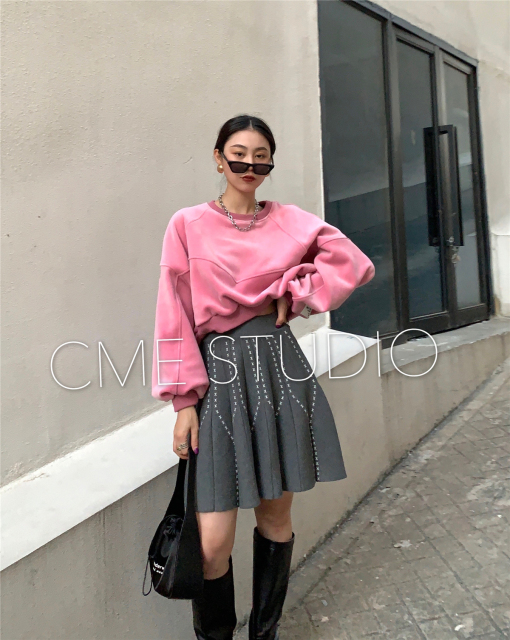 韓國CME原創女裝學院風提花針織半身裙女顯瘦高腰a字傘裙百褶短裙21122307