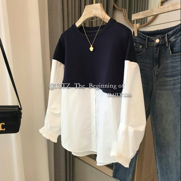 女裝寬松休閒假兩件空氣棉拼接套頭衛衣22021104