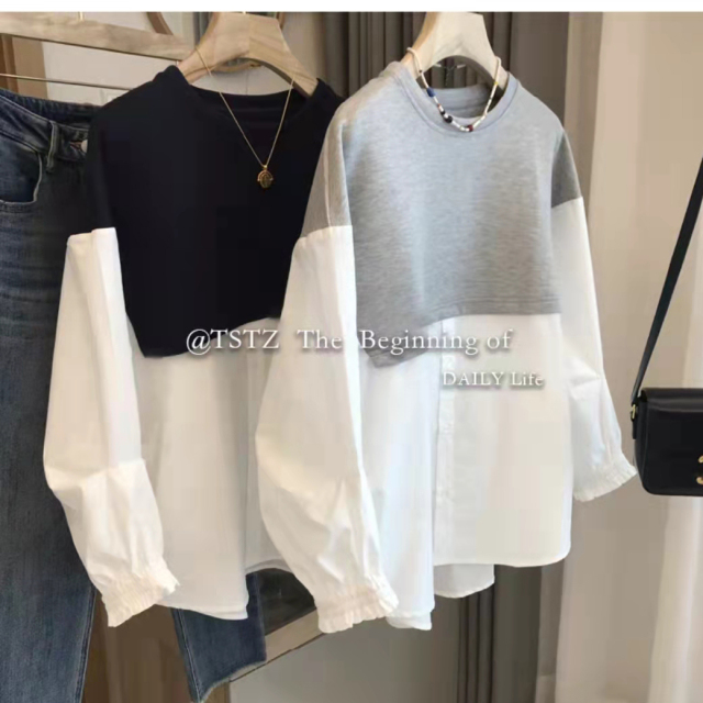 女裝寬松休閒假兩件空氣棉拼接套頭衛衣22021104