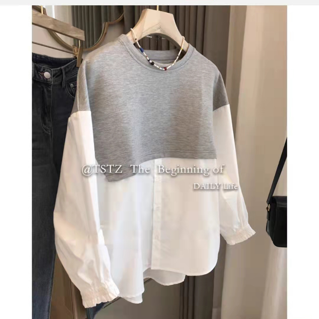 女裝寬松休閒假兩件空氣棉拼接套頭衛衣22021104