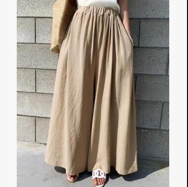 12色好質量女裝時尚純色棉麻料闊腿褲休閑褲長褲女22031501