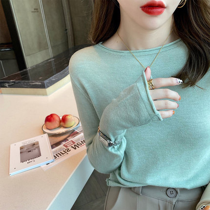西裝打底衫女內搭毛衣早春裝新款韓版針織衫圓領卷邊百搭上衣22031702