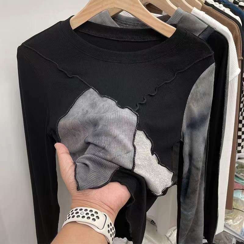 初春新品扎染拼接长袖T恤圆领修身拼色明线设计短款上衣女22032401