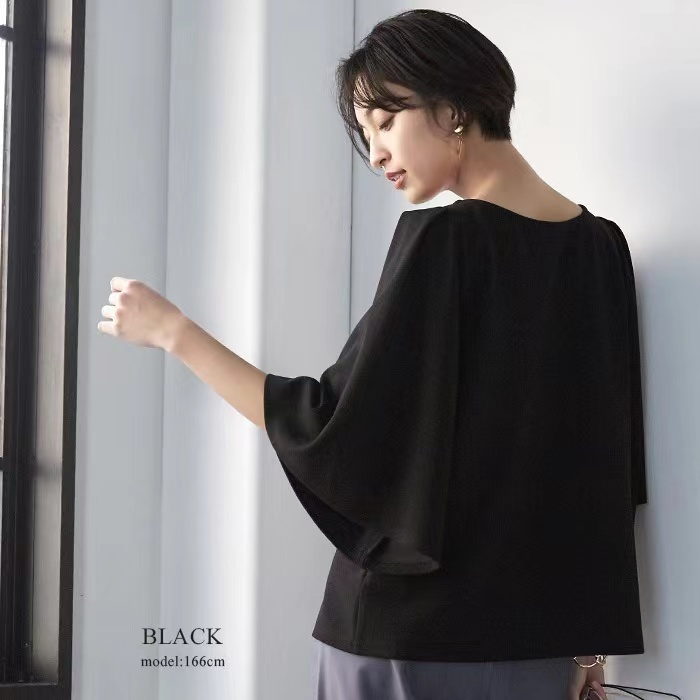 夏季褶皺袖t恤女圓領寬松日韓半袖打底衫上衣22032501