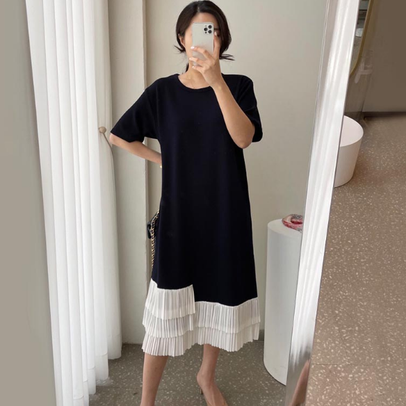 韓國chic夏季小眾復古圓領寬松百搭短袖撞色不規則百褶拼接連衣裙22040607