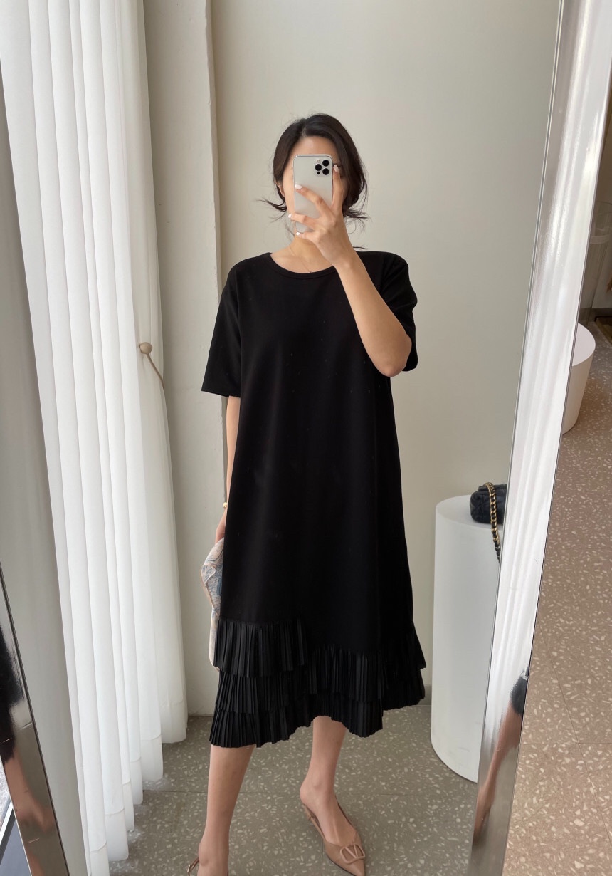 韓國chic夏季小眾復古圓領寬松百搭短袖撞色不規則百褶拼接連衣裙22040607