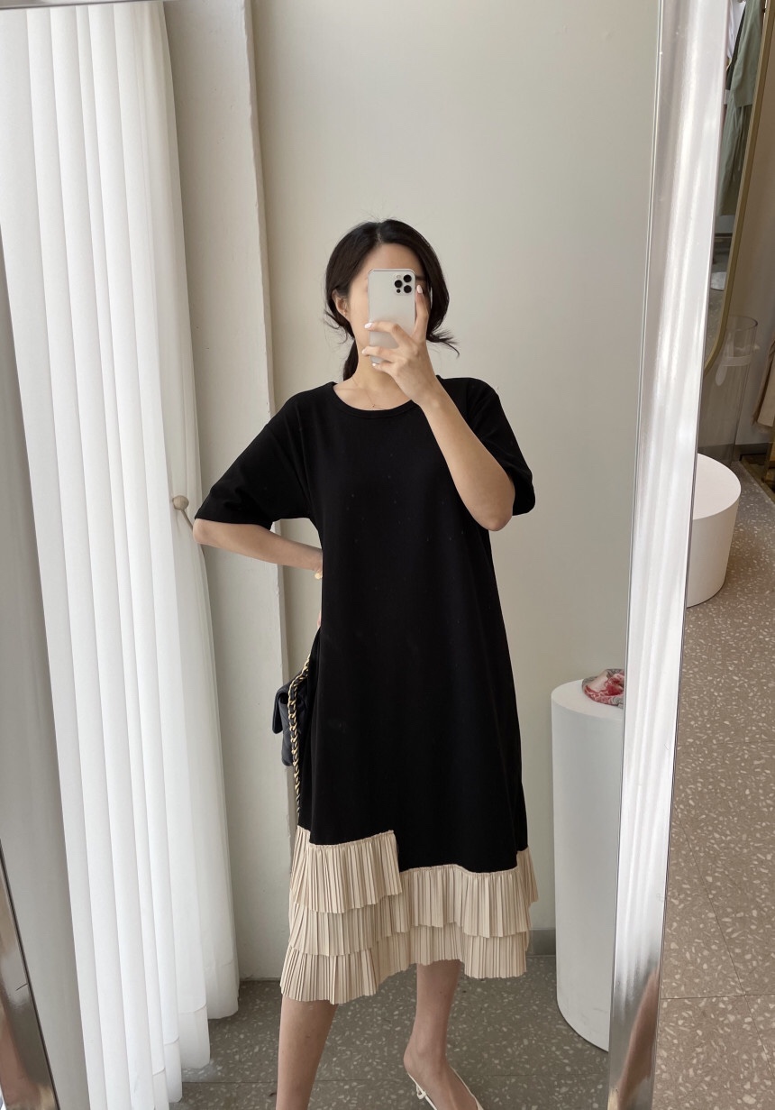 韓國chic夏季小眾復古圓領寬松百搭短袖撞色不規則百褶拼接連衣裙22040607
