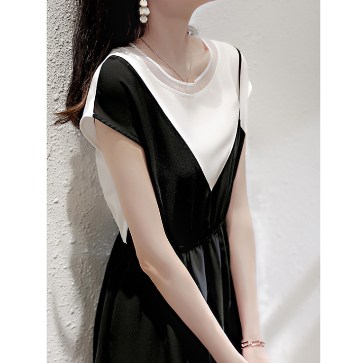 外貿出口高端女裝新款夏法式黑色假兩件連衣裙22041102