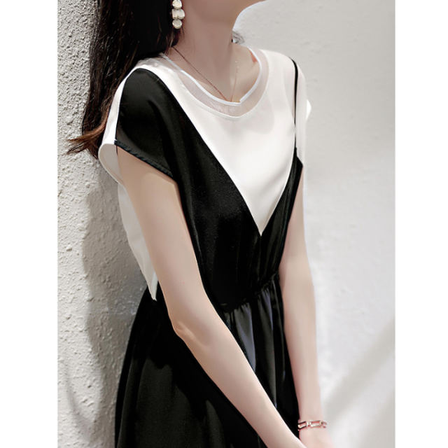 外貿出口高端女裝新款夏法式黑色假兩件連衣裙22041102