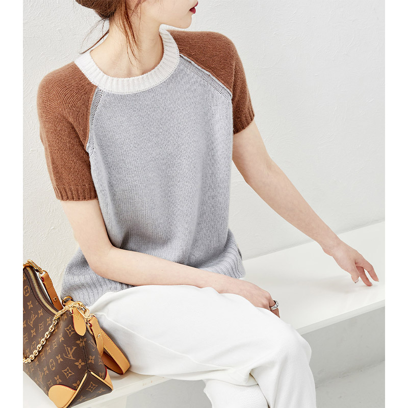 外貿出口高端女裝新款夏拼色寬松百搭針織衫T恤22041104