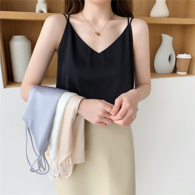網紅美背真絲緞面小吊帶背心女夏外穿交叉寬鬆西裝內搭上衣潮22041203