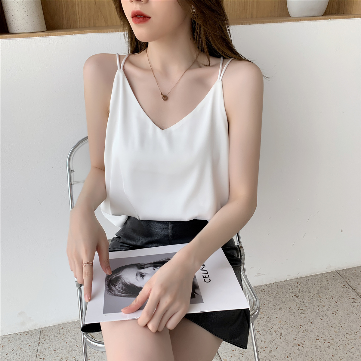 網紅美背真絲緞面小吊帶背心女夏外穿交叉寬鬆西裝內搭上衣潮22041203