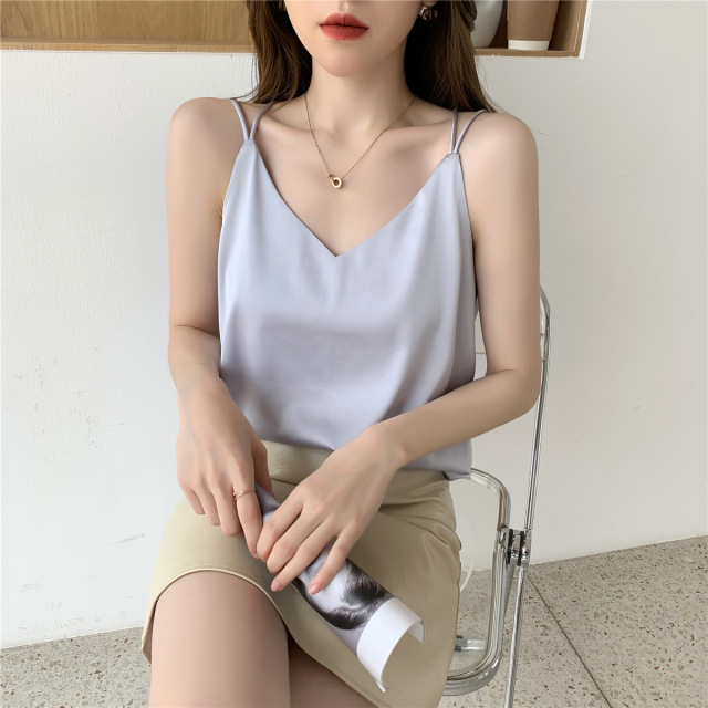 網紅美背真絲緞面小吊帶背心女夏外穿交叉寬鬆西裝內搭上衣潮22041203