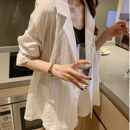 小西裝防曬衣夏新款寬松英倫風外搭學生條紋開衫春款薄外套22041503