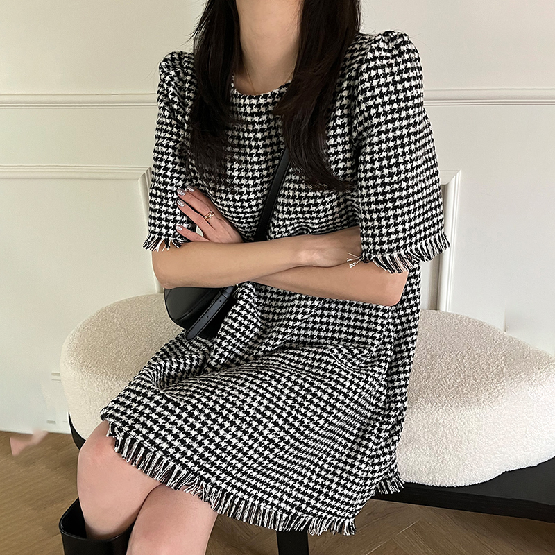 韓國chic春季簡約圓領時尚千鳥格小個子寬鬆顯瘦流蘇短袖連衣裙女22041801