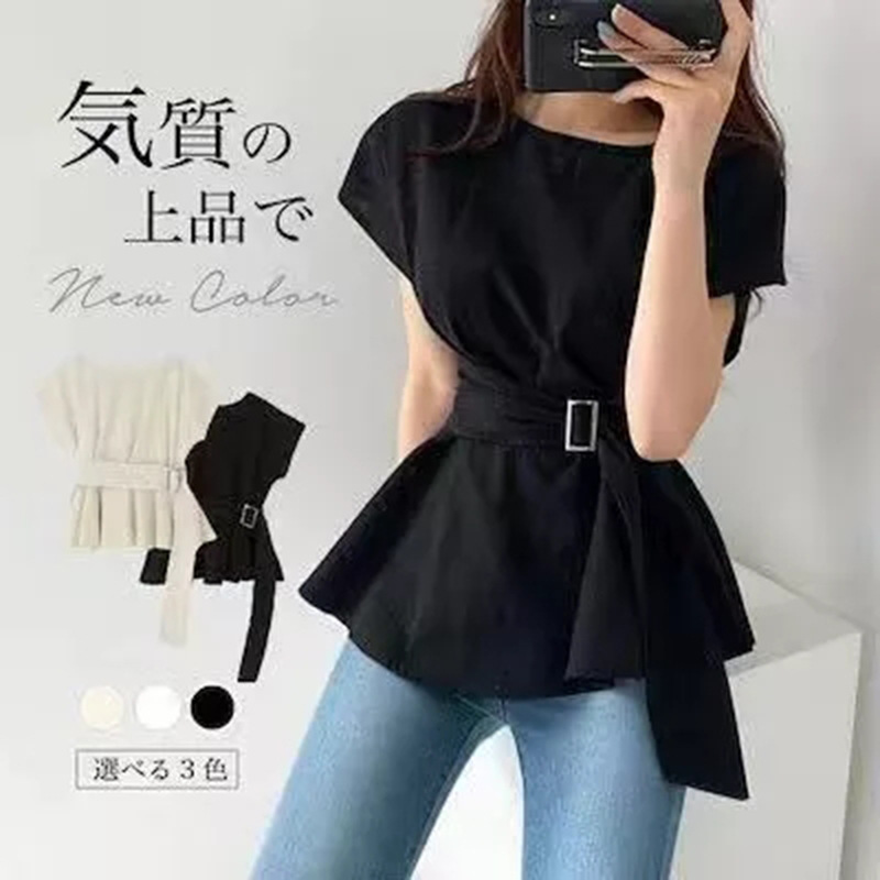 chic日韓氣質女士短袖襯衫夏季新款優雅小眾荷葉邊腰帶顯瘦上衣22050106