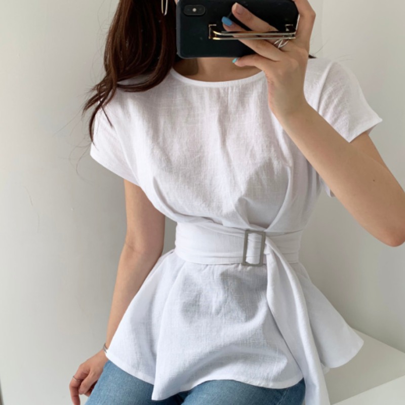 chic日韓氣質女士短袖襯衫夏季新款優雅小眾荷葉邊腰帶顯瘦上衣22050106