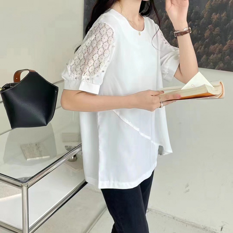 韓國東大門夏裝女裝新款百褶撞色拼接木耳邊圓領T恤22050602