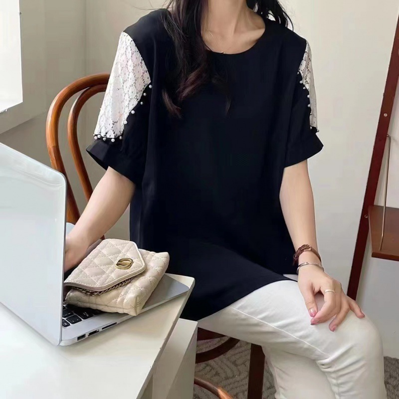 韓國東大門夏裝女裝新款百褶撞色拼接木耳邊圓領T恤22050602