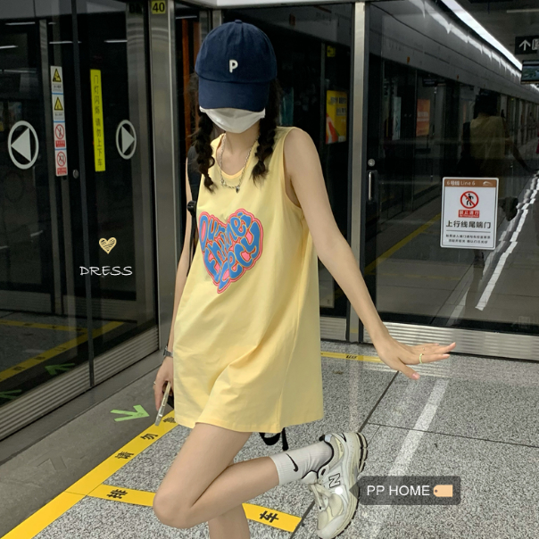 甜到淪陷~背心T恤夏季運動少女清新愛心髮泡印花無袖連衣裙22052003