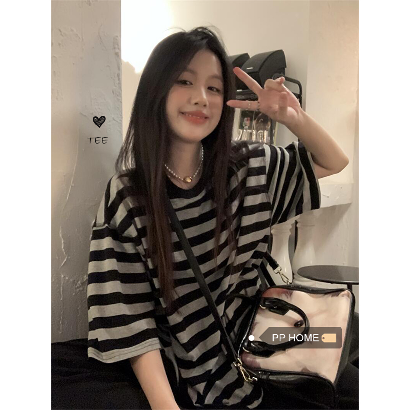 簡單休息日~條紋運動休閒短袖新款港風寬鬆顯瘦T恤女22051903