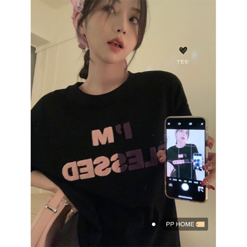 粉墨練習生~夏季學院休閒字母植絨設計寬鬆百搭圓領短袖T恤22051906