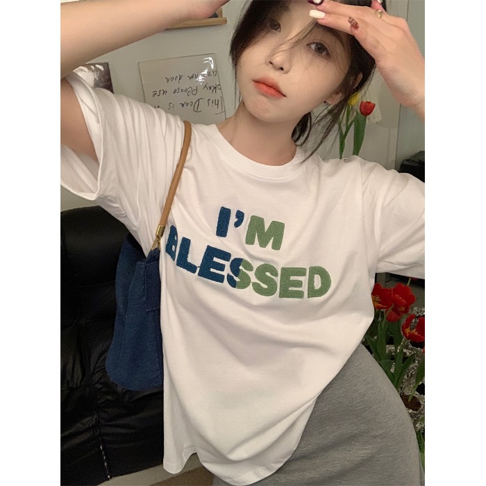 粉墨練習生~夏季學院休閒字母植絨設計寬鬆百搭圓領短袖T恤22051906