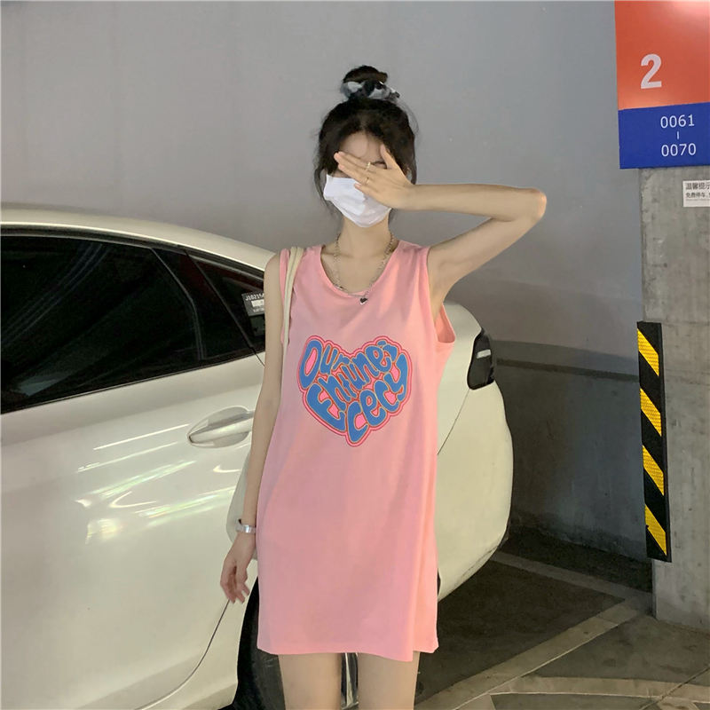 甜到淪陷~背心T恤夏季運動少女清新愛心髮泡印花無袖連衣裙22052003