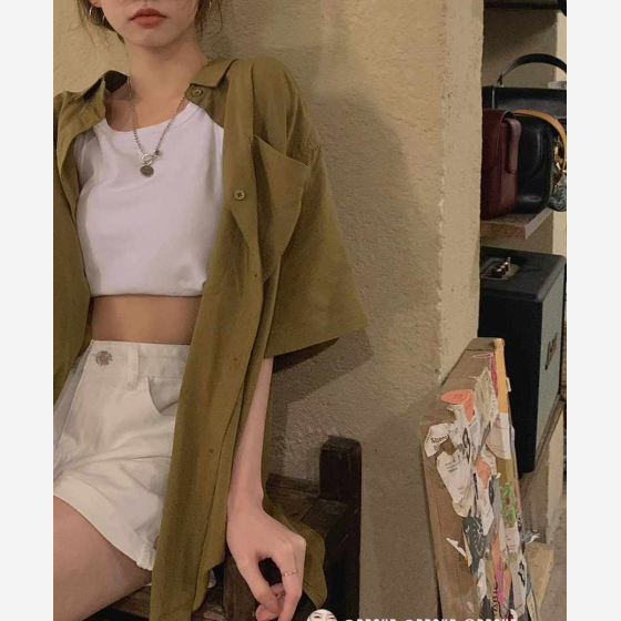 港風複古寬鬆百搭柔軟質感短袖襯衫夏季慵懶休閒中長款上衣22052503