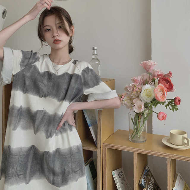 露背紥染連衣裙女小衆複古寬鬆短袖T恤裙夏季慵懶風中長裙子22060104
