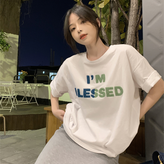 粉墨練習生~夏季學院休閒字母植絨設計寬鬆百搭圓領短袖T恤22051906