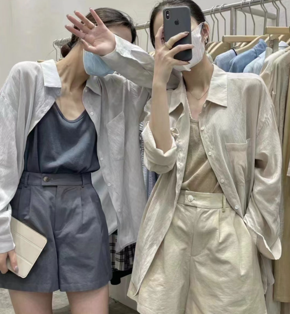 經典基礎款天絲粉色百搭防曬襯衫夏寬鬆薄款長袖上衣女22051705