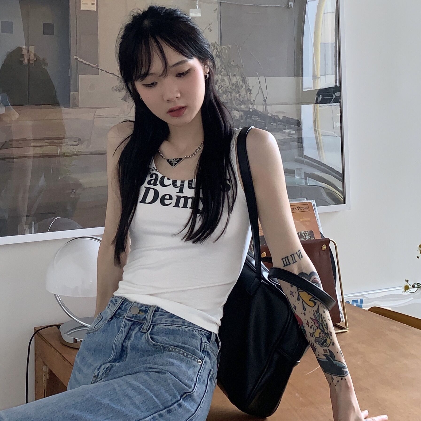朋克酷妹~夏季複古美式帥氣字母印花U領顯瘦修身吊帶背心女22060707