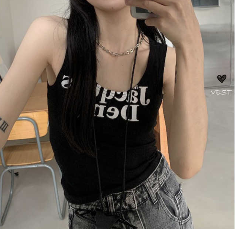 朋克酷妹~夏季複古美式帥氣字母印花U領顯瘦修身吊帶背心女22060707
