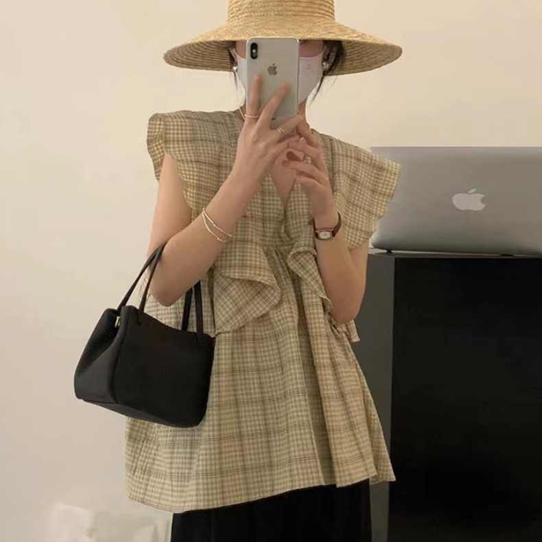 韓國chic夏季複古小衆設計感減齡荷葉邊飛飛袖氣質格子襯衫上衣女22061003