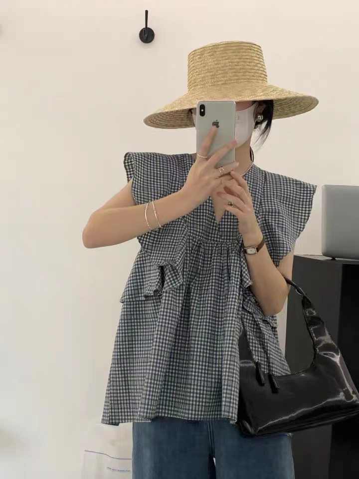 韓國chic夏季複古小衆設計感減齡荷葉邊飛飛袖氣質格子襯衫上衣女22061003