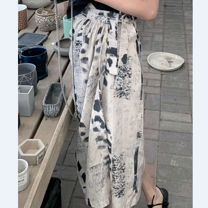 水墨印花半身裙女春秋薄款不對稱綁帶高腰顯瘦a字長裙大擺傘裙子22062002