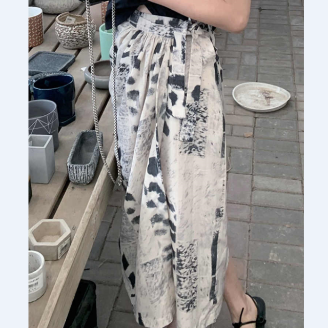 水墨印花半身裙女春秋薄款不對稱綁帶高腰顯瘦a字長裙大擺傘裙子22062002
