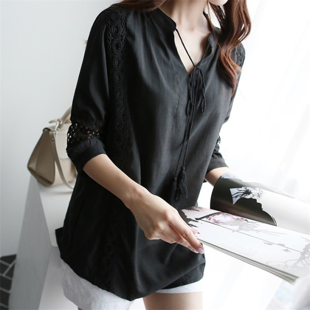 韓版夏裝新款女裝蕾絲拼接裝飾寬鬆顯瘦T恤女短袖上衣22062107