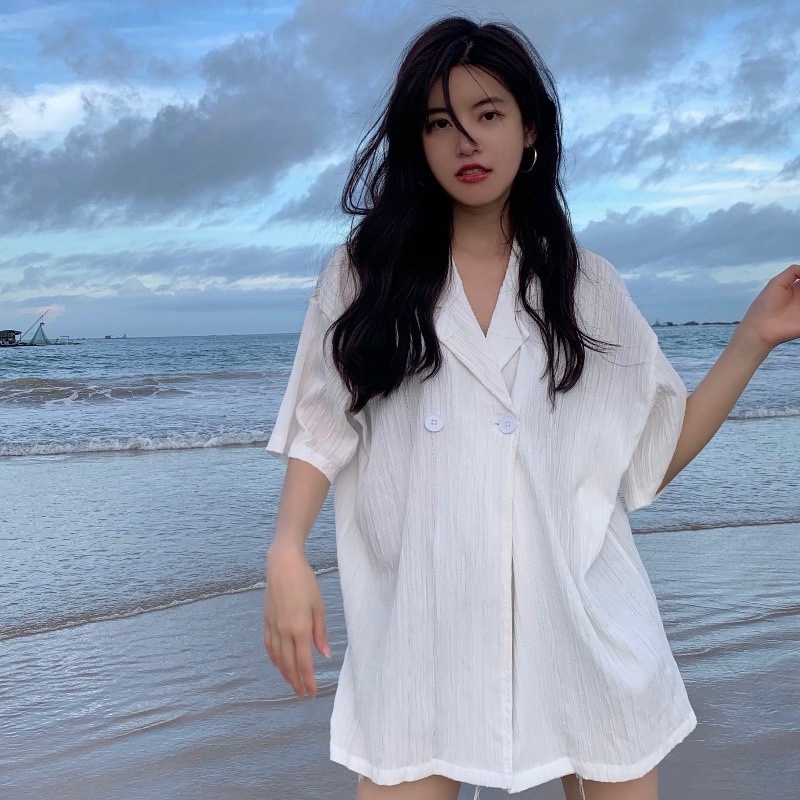 白色襯衫女夏慵懶短袖純欲風別緻上衣薄款設計感小眾復古港風襯衣22062203