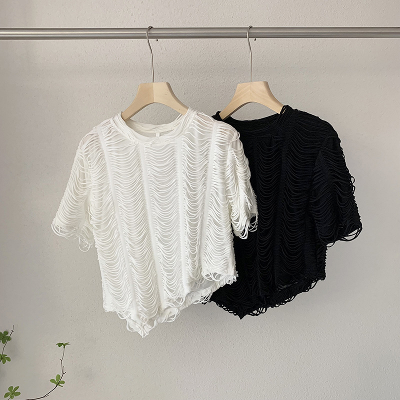 夏季韓版重工波浪紋設計圓領寬鬆顯瘦不規則短袖T恤上衣22062703