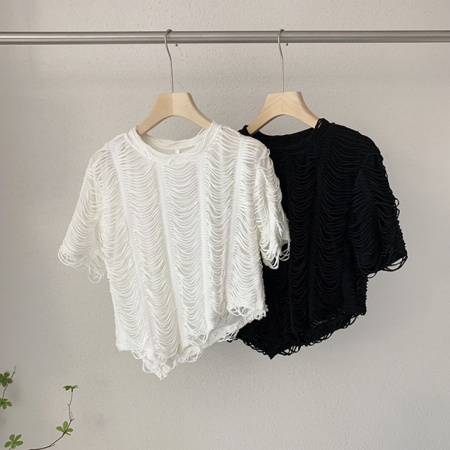 夏季韓版重工波浪紋設計圓領寬鬆顯瘦不規則短袖T恤上衣22062703