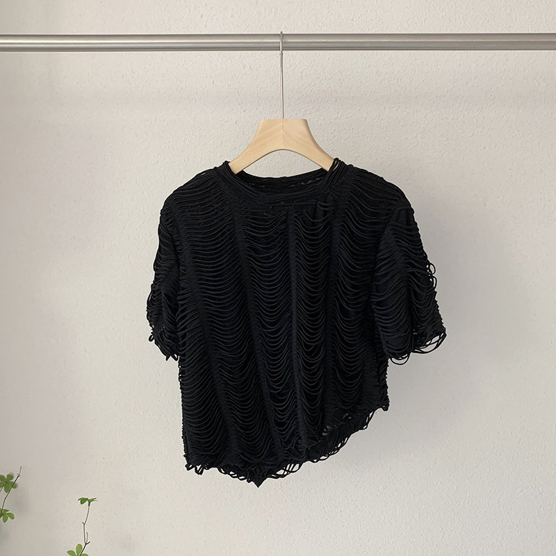 夏季韓版重工波浪紋設計圓領寬鬆顯瘦不規則短袖T恤上衣22062703