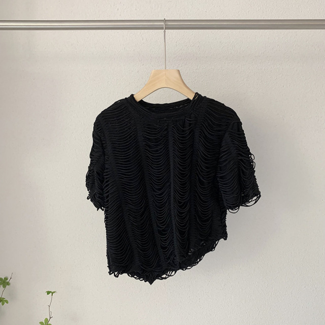 夏季韓版重工波浪紋設計圓領寬鬆顯瘦不規則短袖T恤上衣22062703