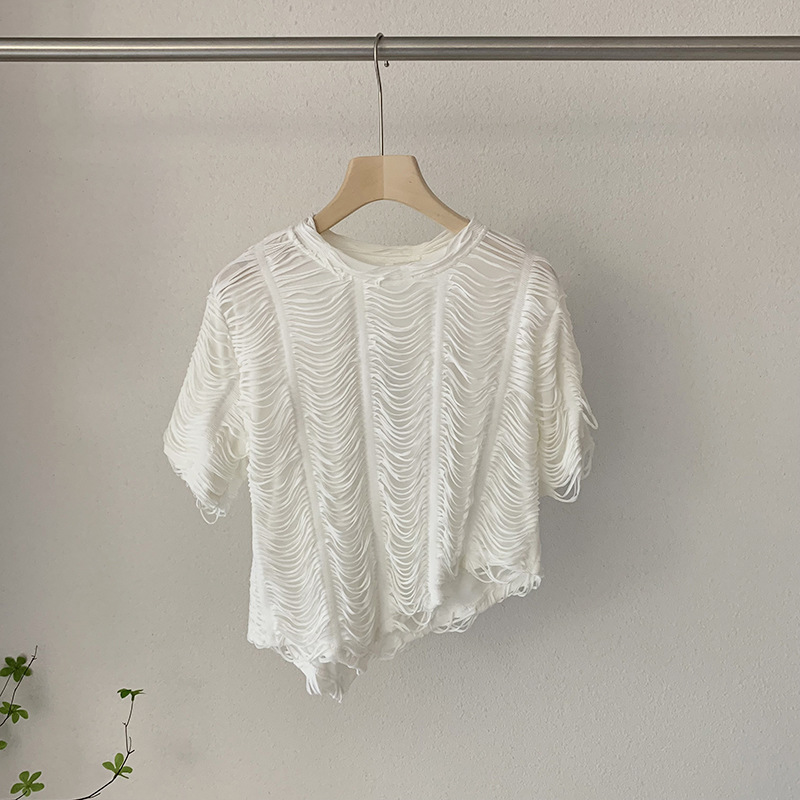 夏季韓版重工波浪紋設計圓領寬鬆顯瘦不規則短袖T恤上衣22062703